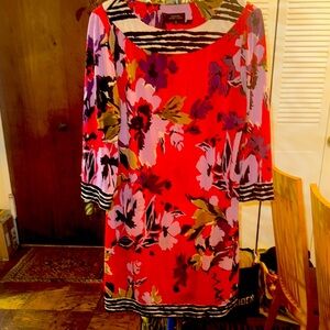 Tahari Red and Black Sheath Dress with Bateau Neckline and Bishop Sleeves